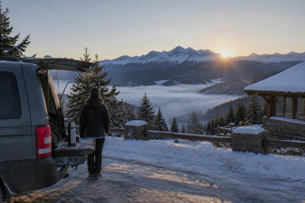 A small passenger van parked at a scenic overlook above a valley of forested mountains