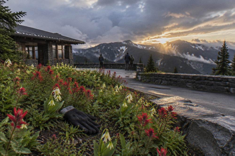 A misty mountain overlook with wildflowers above evergreen ridgelines