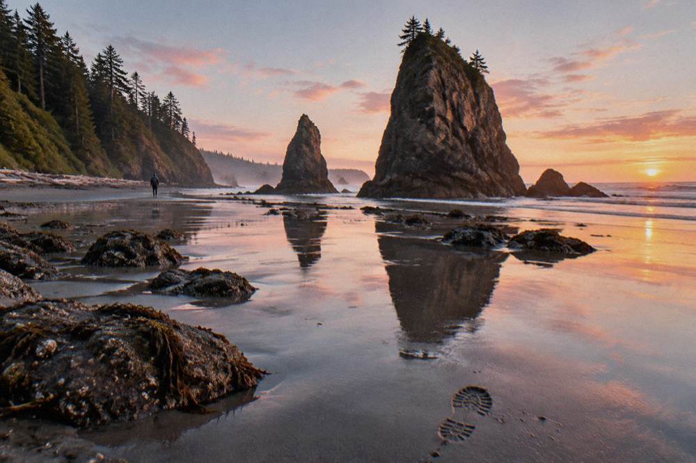 Smooth wet sand reflecting sea stacks at the water's edge with scattered tide pool rocks
