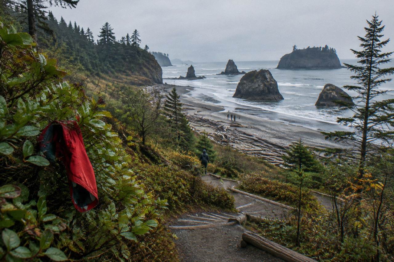 Sea stacks and driftwood on a wide sandy beach under an overcast sky on the Washington coast