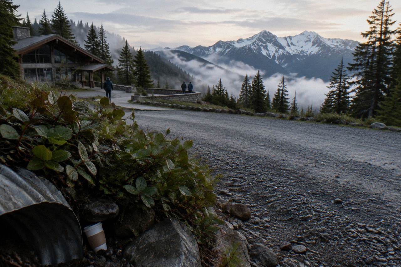 Fog lifting off a forested mountain road winding toward the Olympic mountains.
