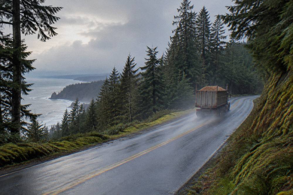 A wet two-lane highway curving through dense evergreen forest