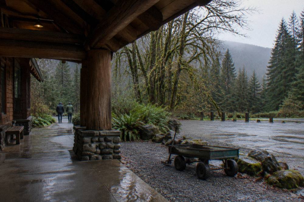 A visitor center sign beside a forested highway under gray clouds
