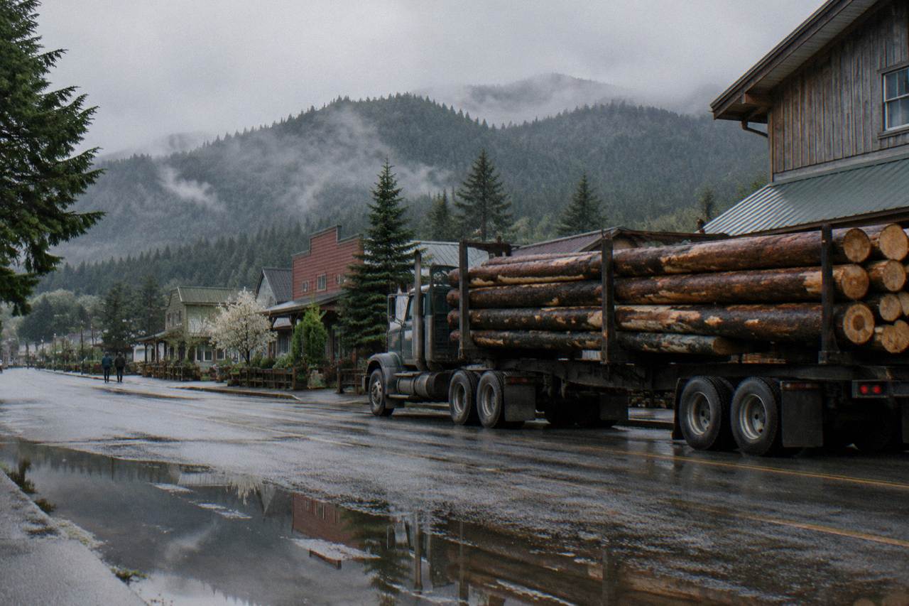 A small town main street under overcast skies with forested hills behind it