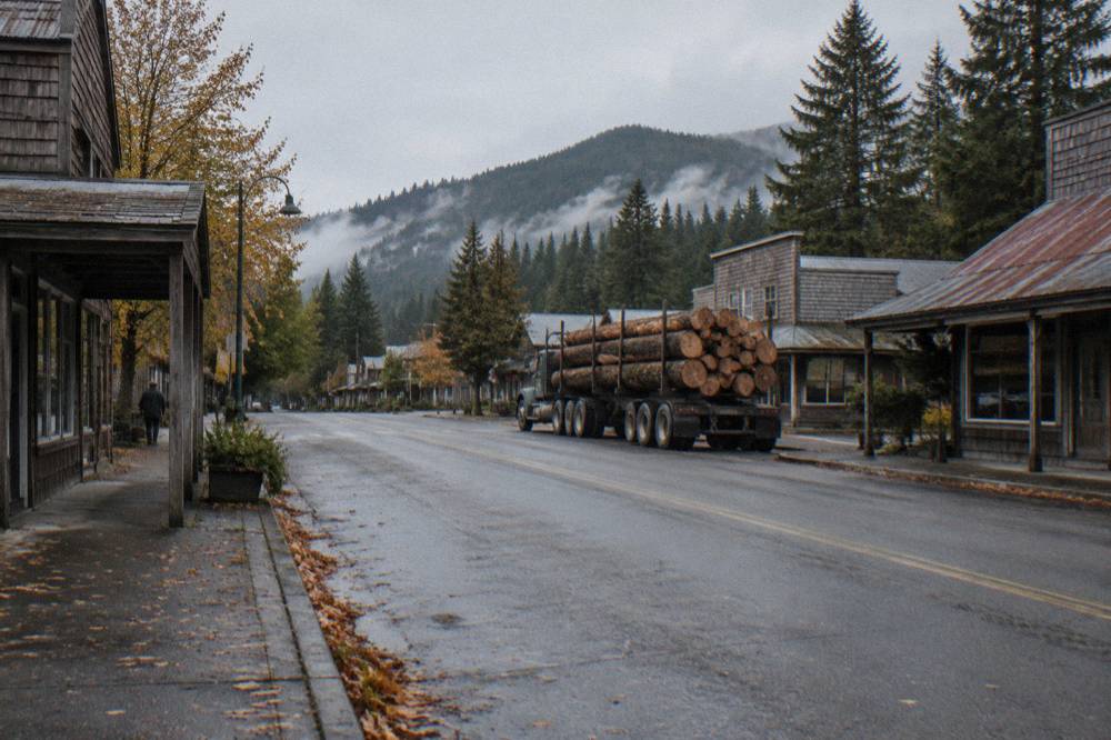 A small-town main street with storefronts under overcast skies