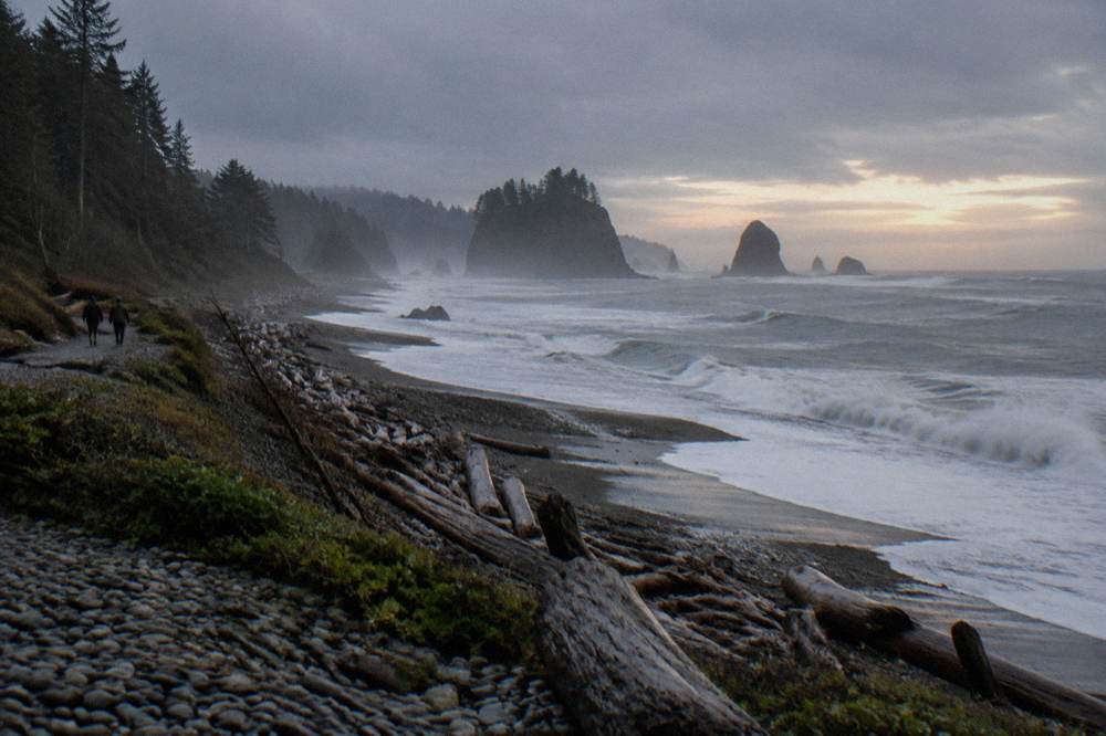 Sea stacks in ocean mist at the end of a wide Olympic coast beach