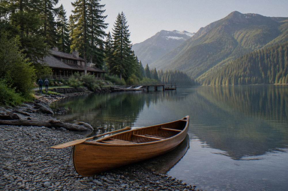 A calm mountain lake surrounded by evergreen forest with a rocky shoreline