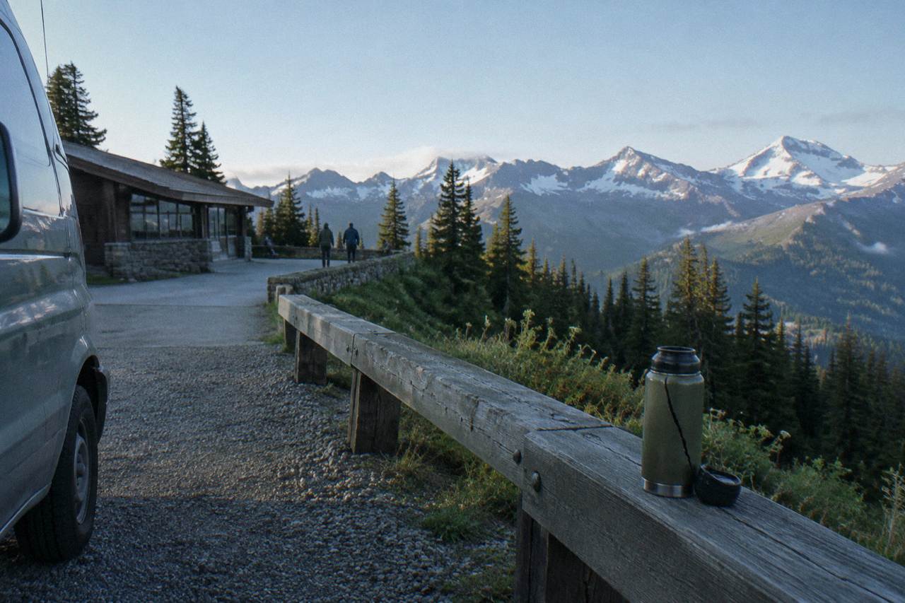 A passenger van parked at a scenic overlook above forested mountain ridges on a clear morning