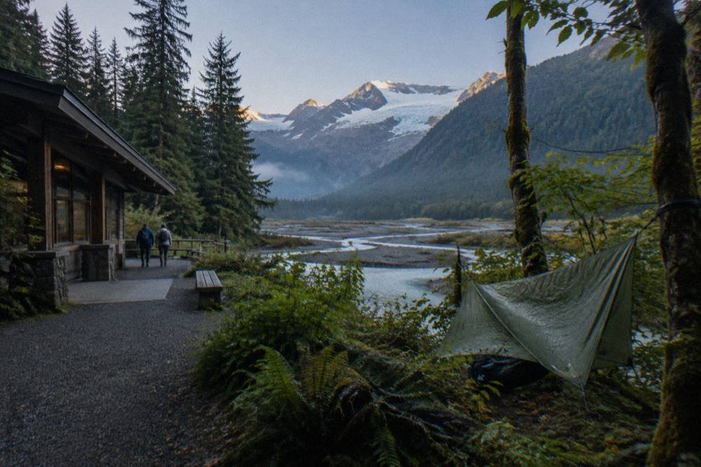 Glacier-carved valley with ice fields above a rainforest river corridor