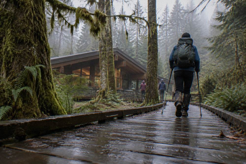 Backpacker with trekking poles crossing a misty forest boardwalk section