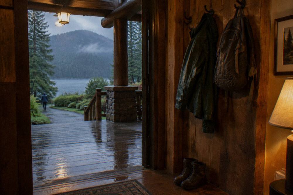 A waterproof rain jacket and daypack hanging to dry inside a rustic lodging doorway