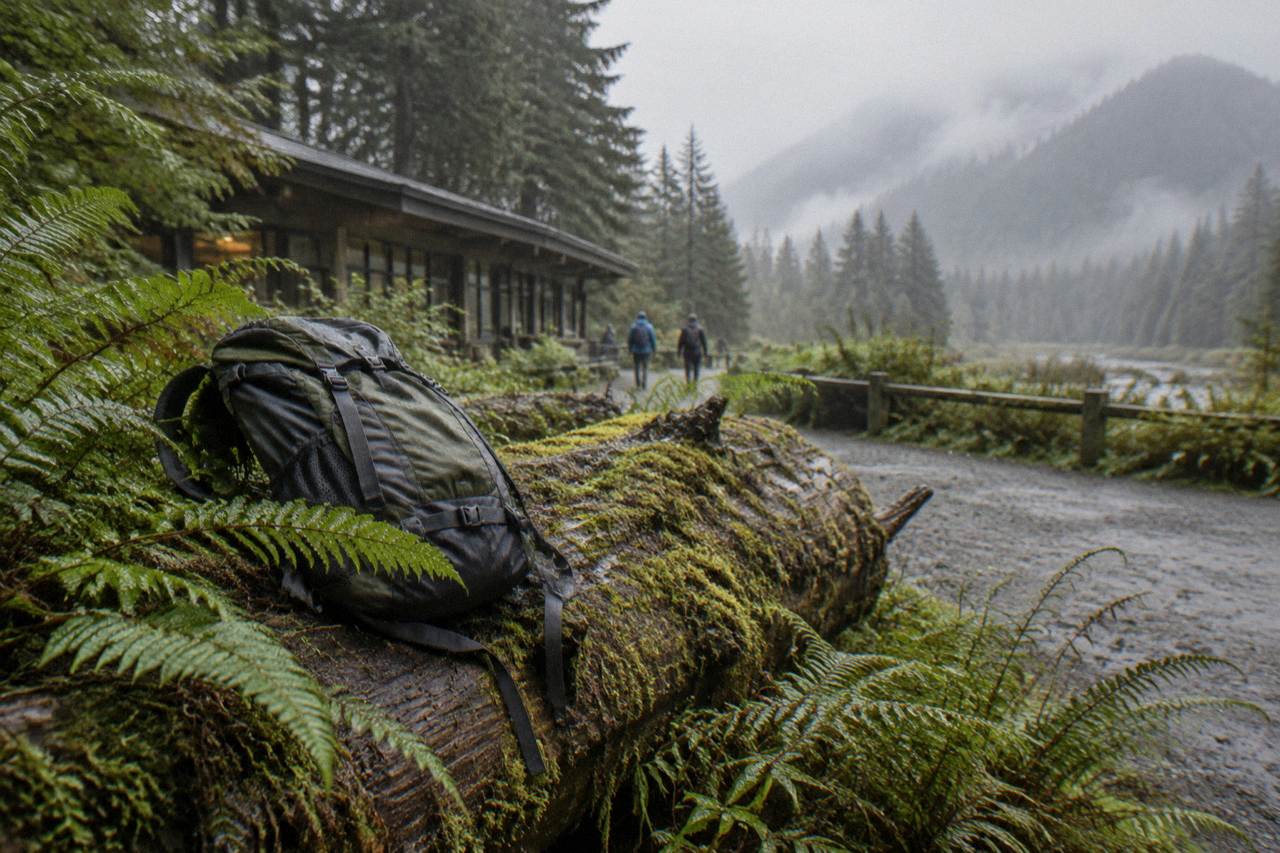 A packed daypack resting on a mossy log in a foggy rain forest valley
