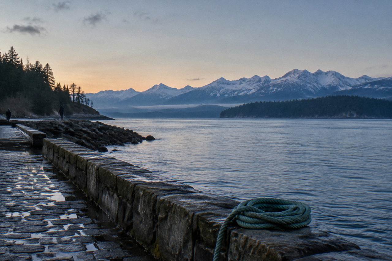 Calm Puget Sound water with forested hills and distant mountains under soft morning cloud