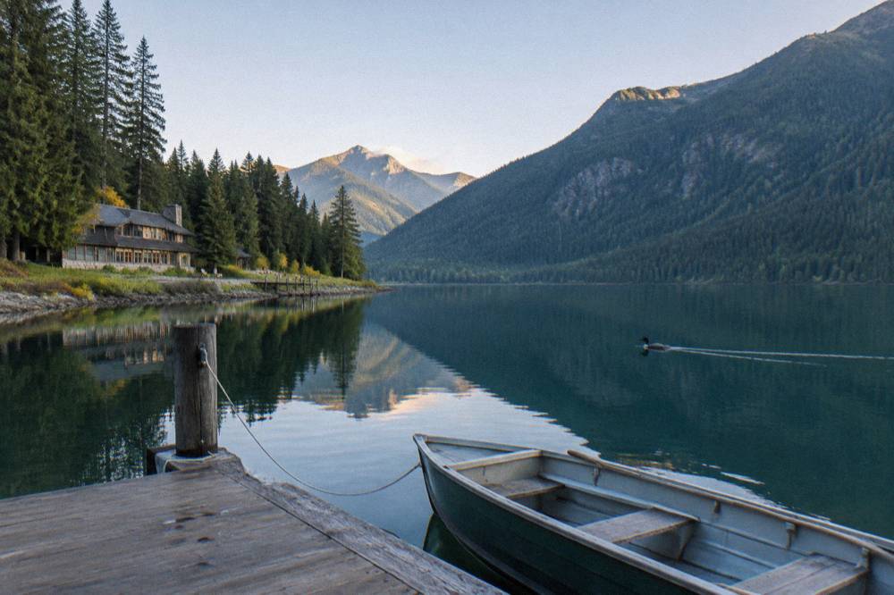 A calm glacial lake surrounded by forested mountainsides in morning light