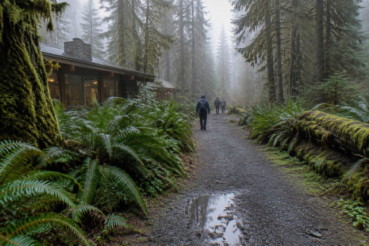 Mossy rainforest trail with tall ferns and fog between big trees in Olympic National Park