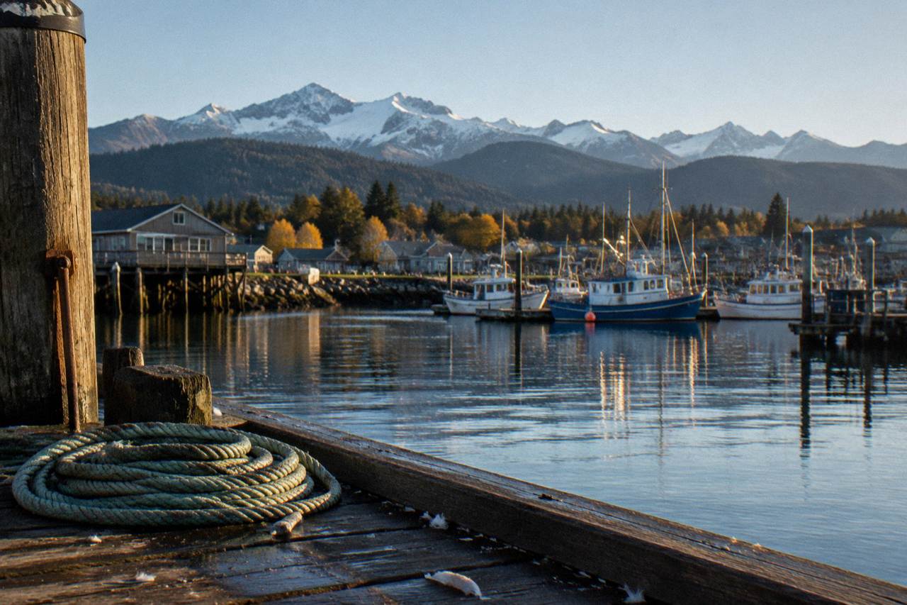 Harbor town waterfront with mountains rising behind it on the Olympic Peninsula