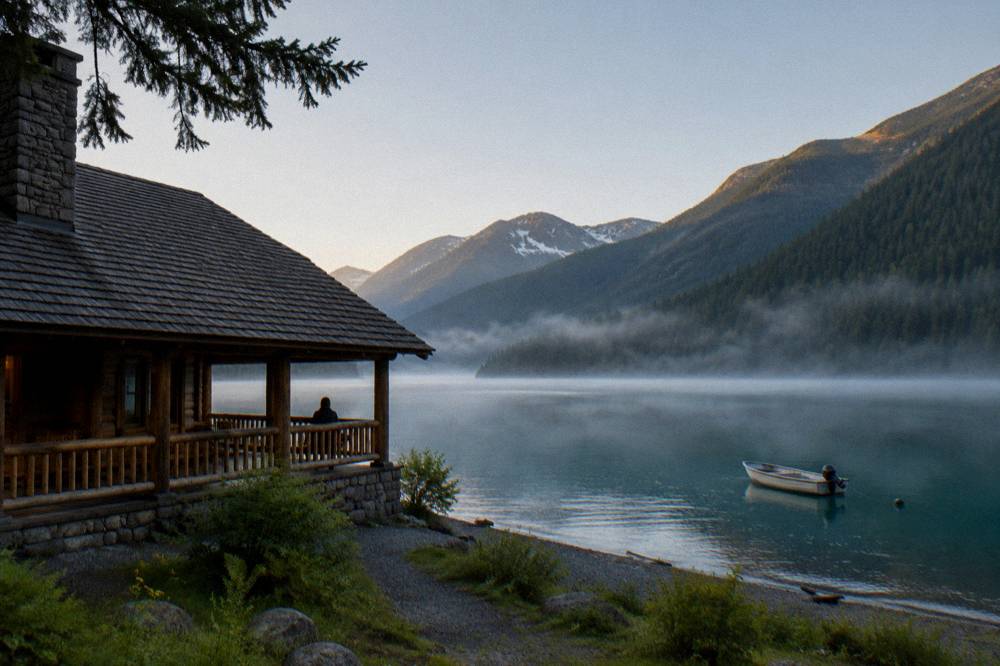 A calm glacial lake surrounded by forested mountains on a clear morning