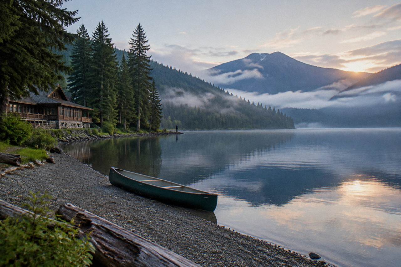 A calm lake surrounded by forested mountains under a soft morning sky