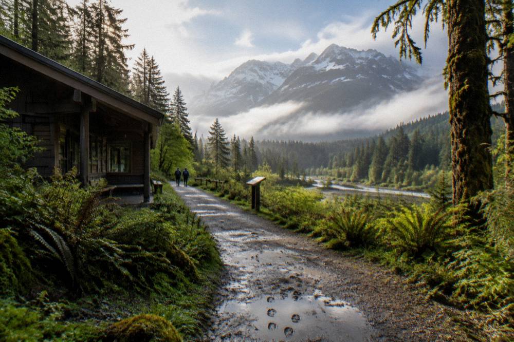 A forested river valley trail stretching toward distant snow-capped mountains