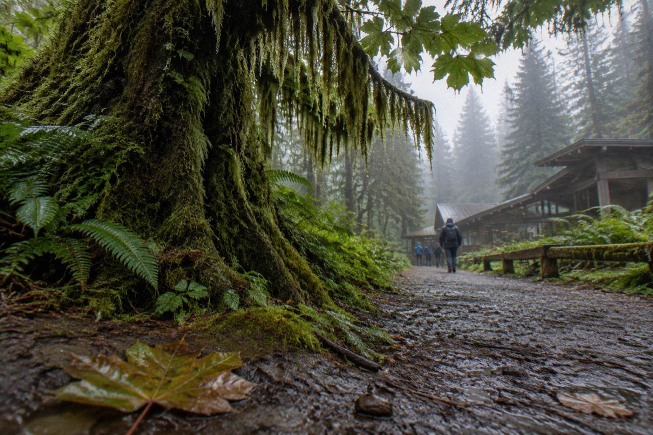 Moss-draped bigleaf maple trees along a rain forest trail in the Hoh valley