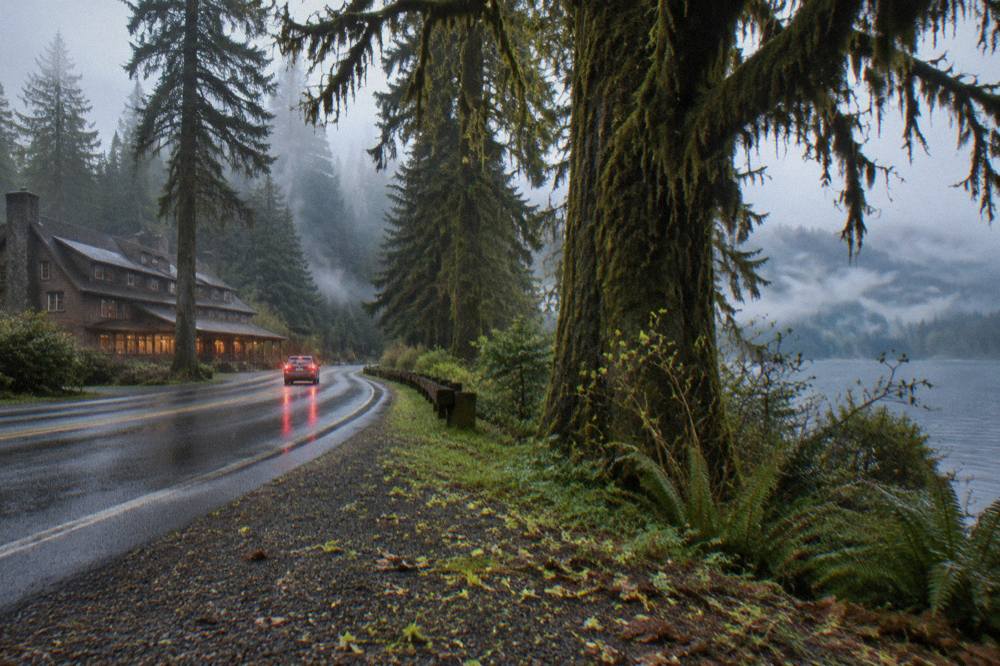 A car driving on a forested highway with mist over tall evergreens