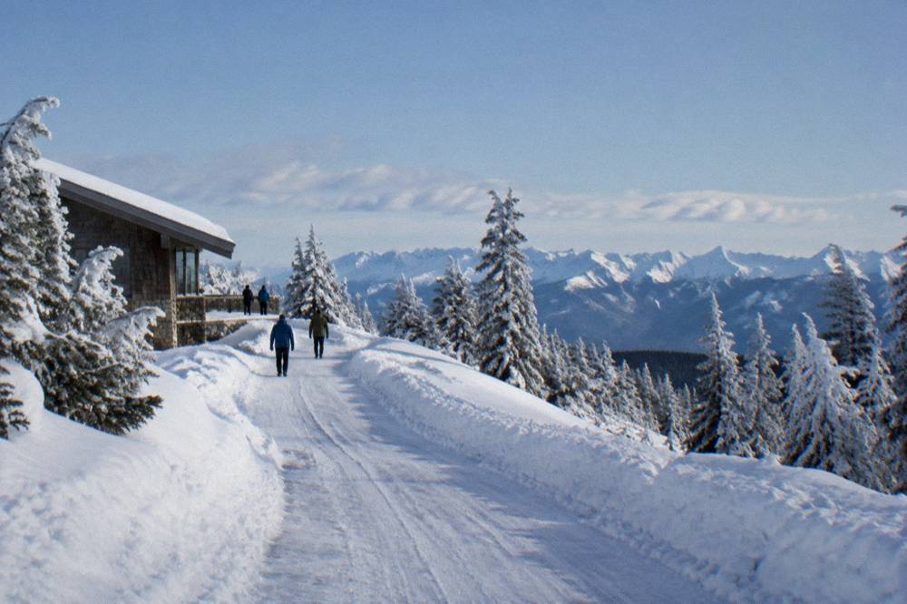 Snow-covered mountain road winding through frosted evergreen forest