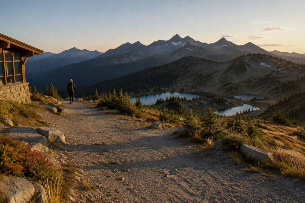 A gravel mountain road ending at a trailhead above a valley of small alpine lakes