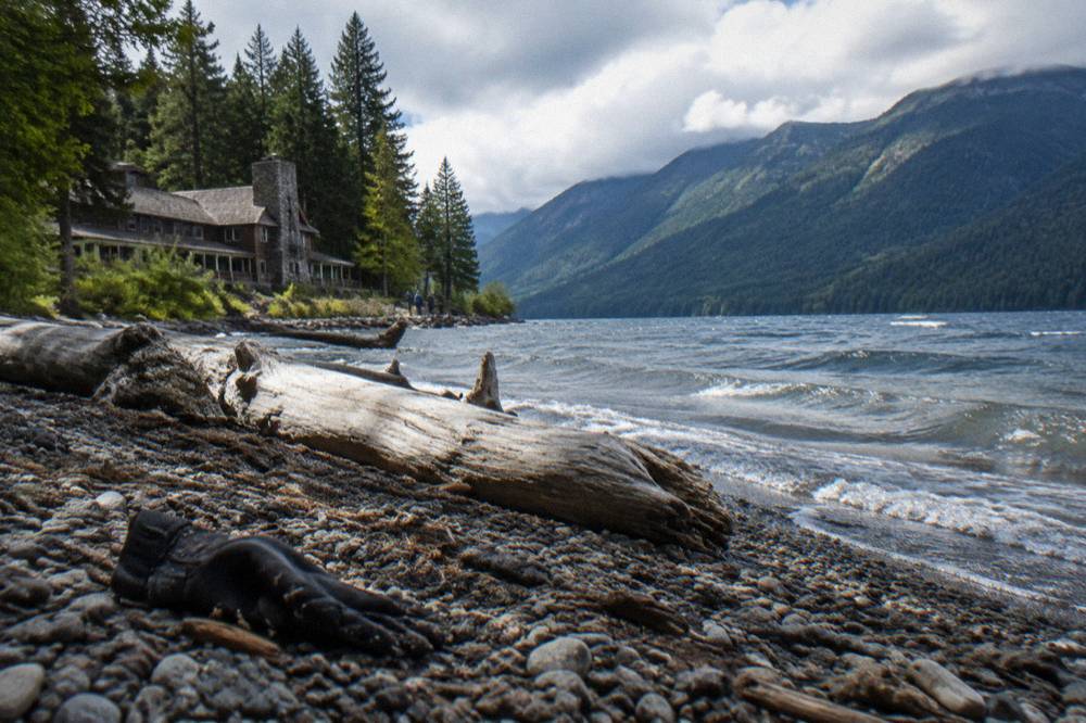 Ripples crossing the surface of Lake Crescent toward a rocky beach with driftwood