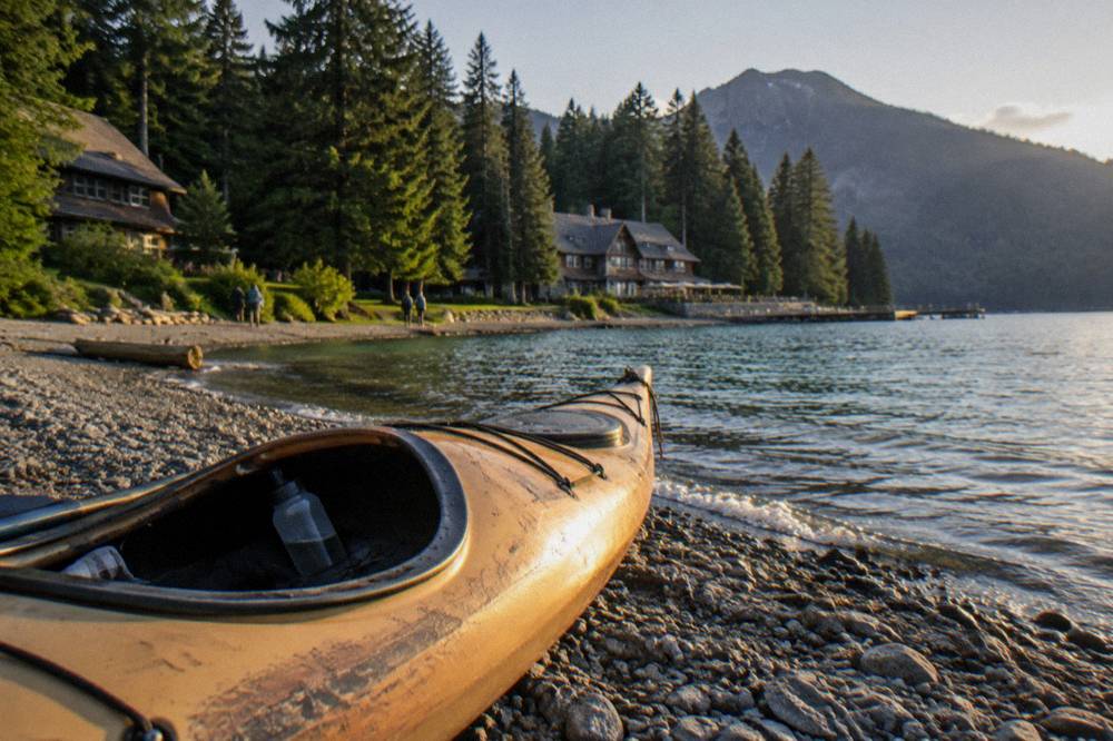 A kayak resting on a gravel beach beside clear green water at Lake Crescent
