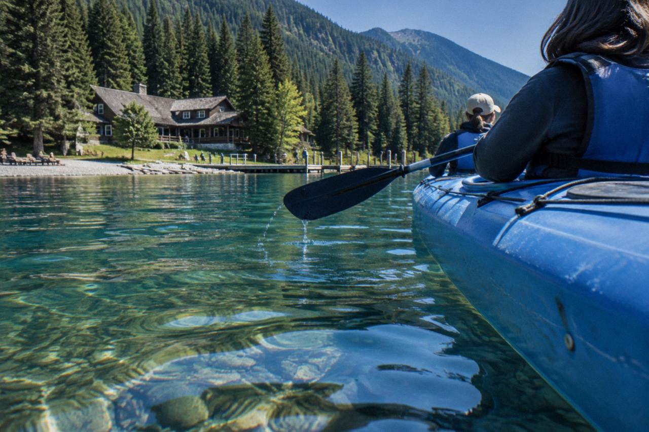 Calm turquoise water of Lake Crescent surrounded by forested mountains under a clear sky