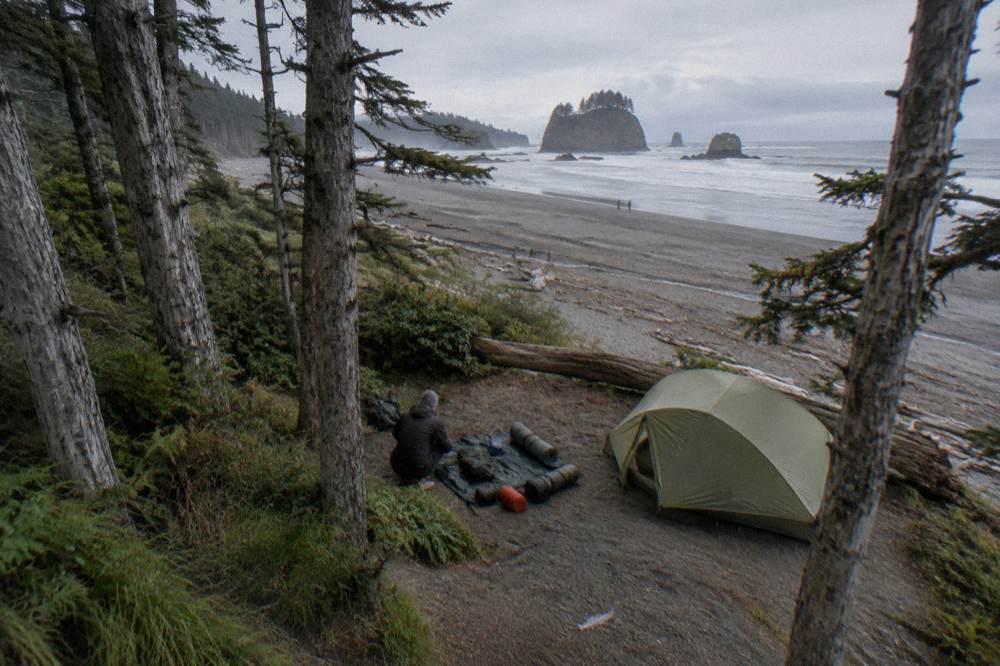 Camping gear laid out under tall spruce trees beside a tent