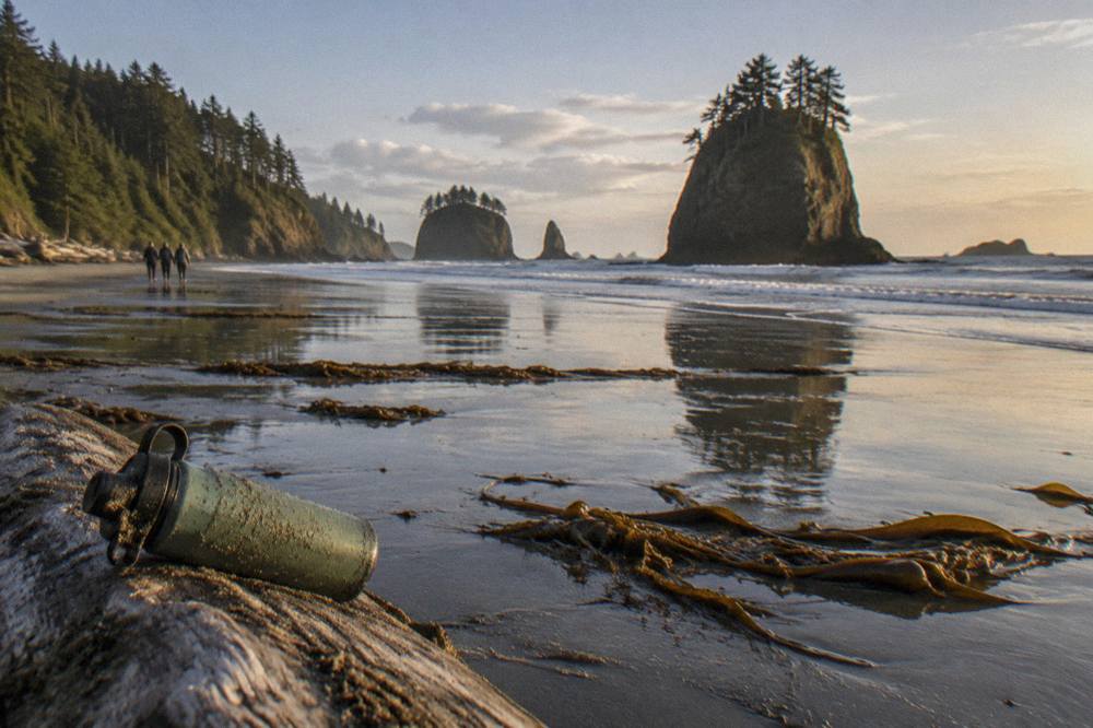 Sea stacks rising from smooth surf at the base of a wide sandy beach