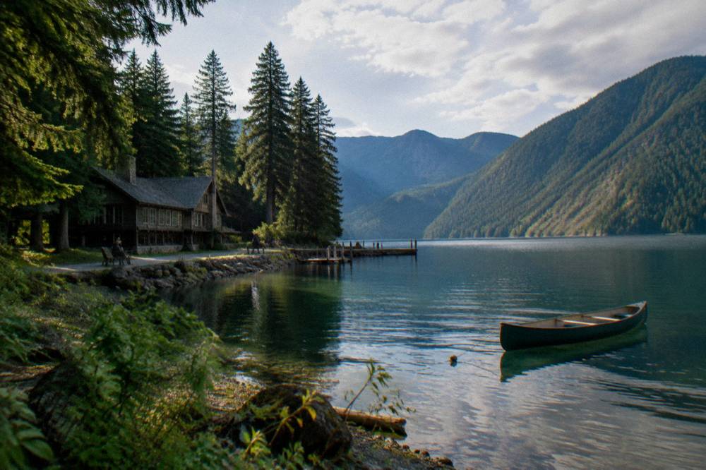 Sunlight over a glacial blue lake ringed by evergreen forested mountains