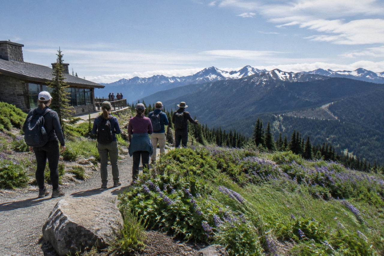 A guided tour group standing on a viewpoint trail above forested mountain slopes
