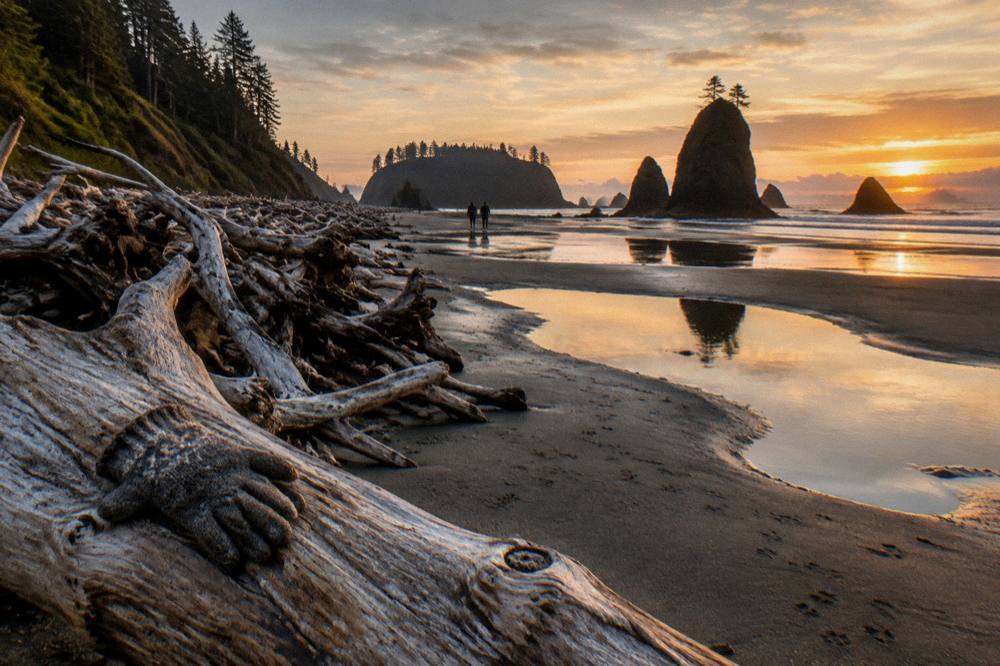 Driftwood and sea stacks along a wide Pacific beach at low light