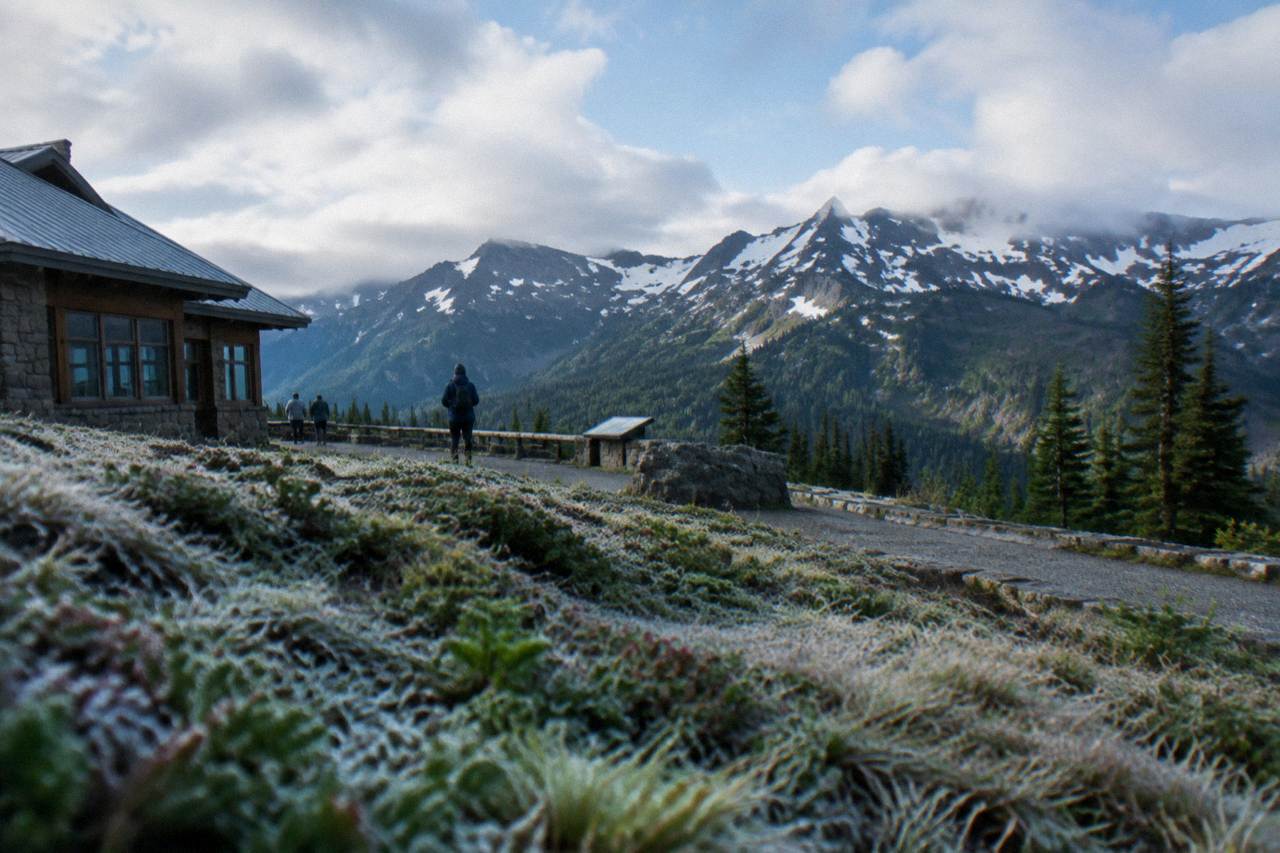 Mountain ridgeline above evergreen forest under scattered clouds in Olympic National Park