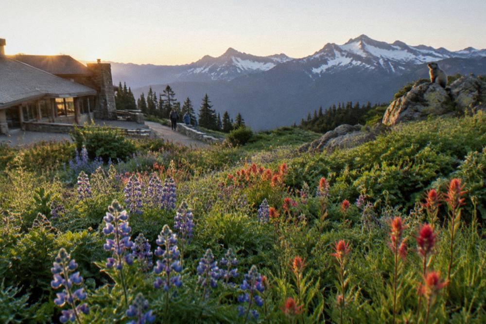 Subalpine meadow with wildflowers below a snowy ridge under morning light