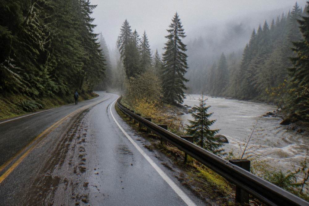 Empty two-lane highway winding along a river through dense rain forest