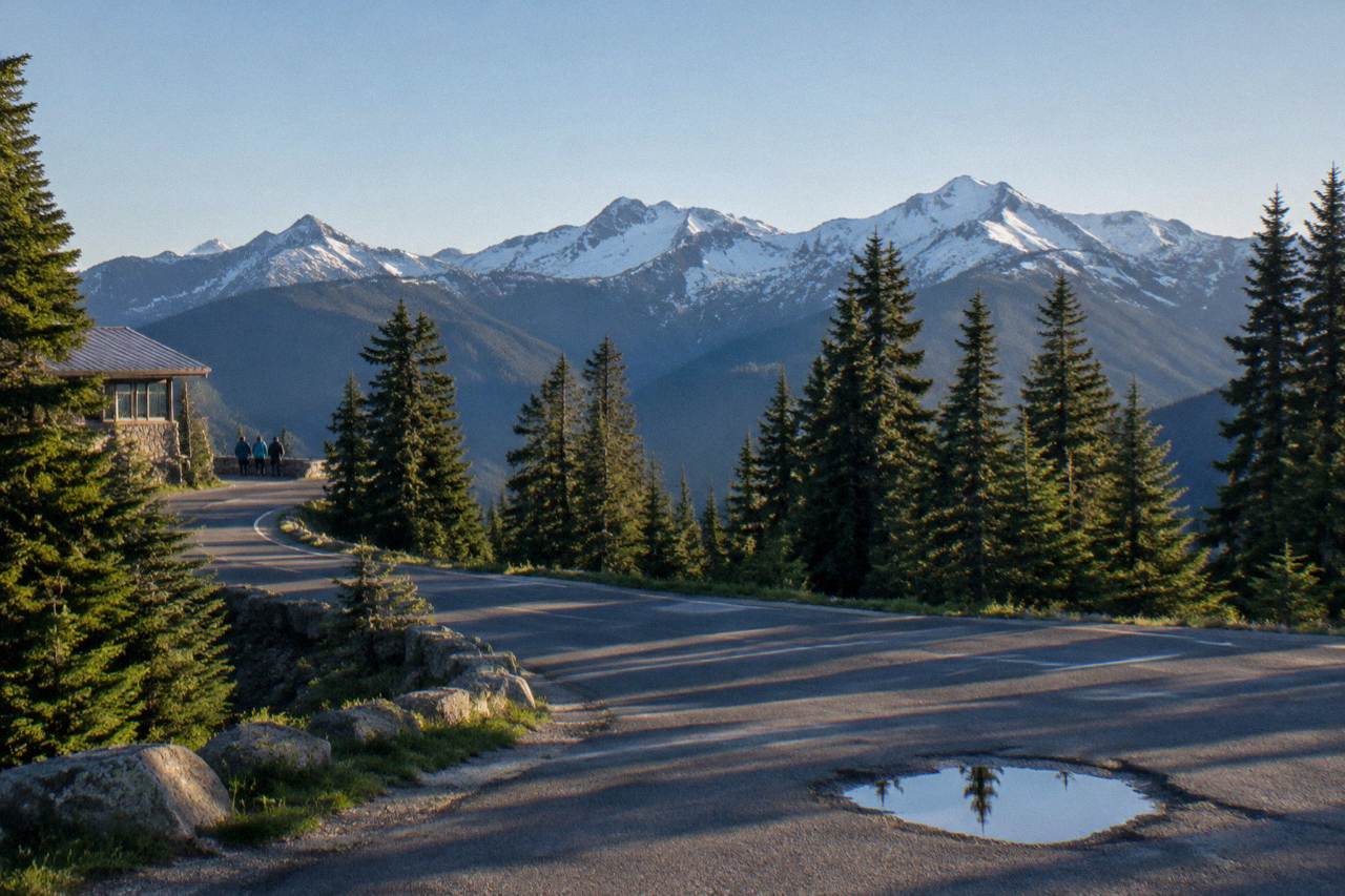 Winding mountain road through evergreen forest toward a snowy ridge