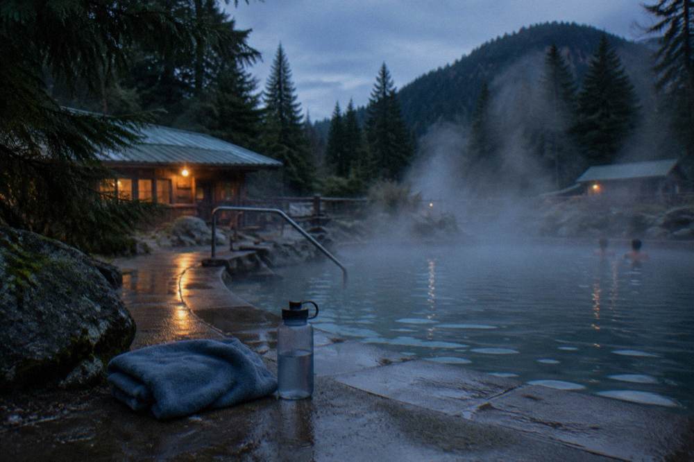 Steaming outdoor soaking pools surrounded by tall evergreen forest