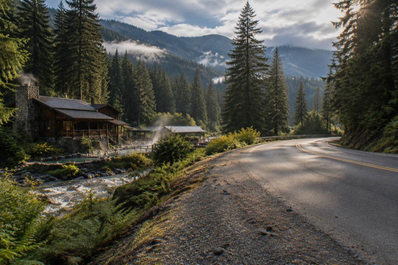A forested river valley with a paved road curving beneath tall conifers toward misty mountains