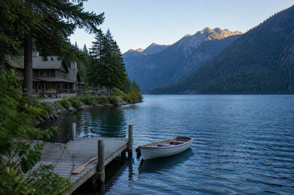 Clear blue water of Lake Crescent framed by forested mountain slopes