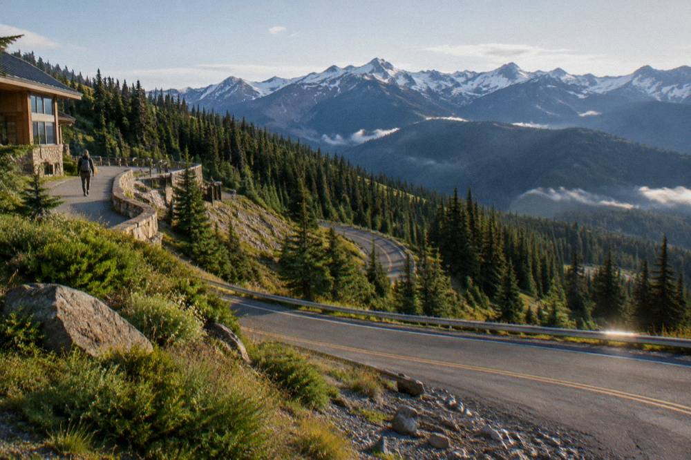 A winding mountain road climbing through forest toward Hurricane Ridge
