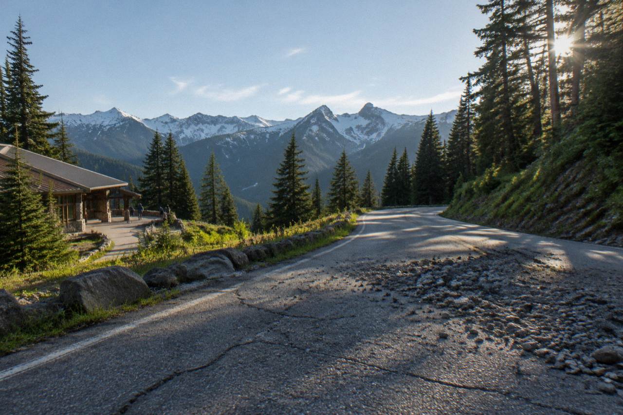 Forest-edged mountain road winding toward snowy Olympic peaks under morning light